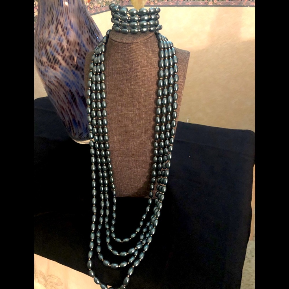 Lovely Peacock Blue Glass Pearl Necklace, Bracelet